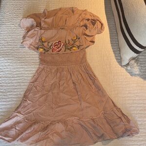 Feathers Pink Mini Dress with Floral Embroidery